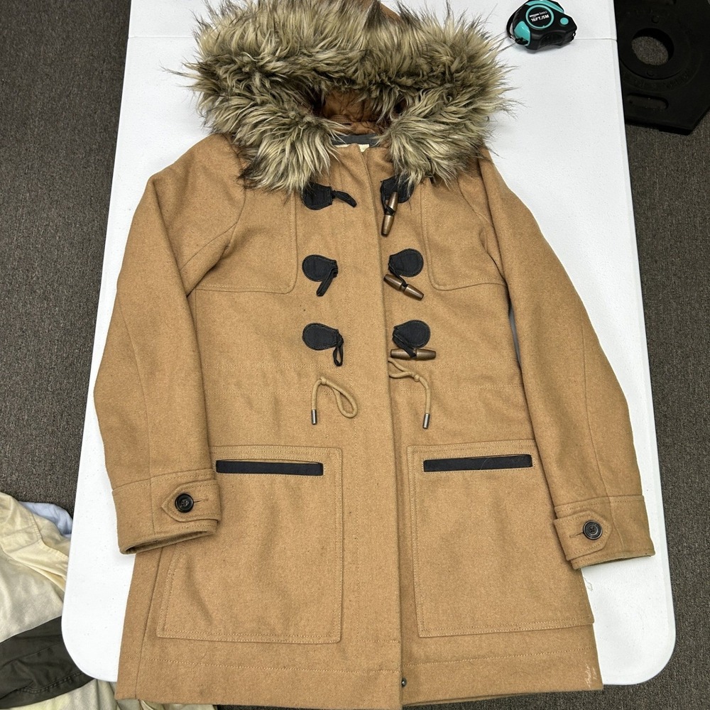 Abercrombie & Fitch Duffle Coat Womens S Tan Faux Fur Trim Toggle Hooded Jacket